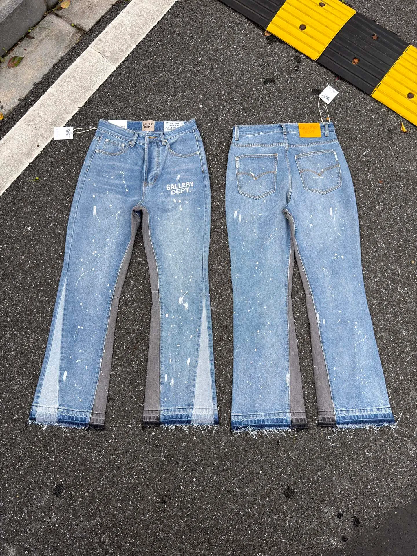 P240💰G01 GALLERY DEPT. Spliced ​​ink splash denim print logo bell bottoms washed jeans Color: black blue Code number: 28 30 32 34